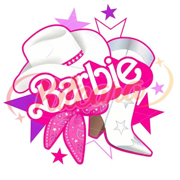 barbi-western-country-cowboy-hat-bandana-boot-stars-pink-babe-doll-girly-retro-80s-png-jpg-clipart-digital-download-sub